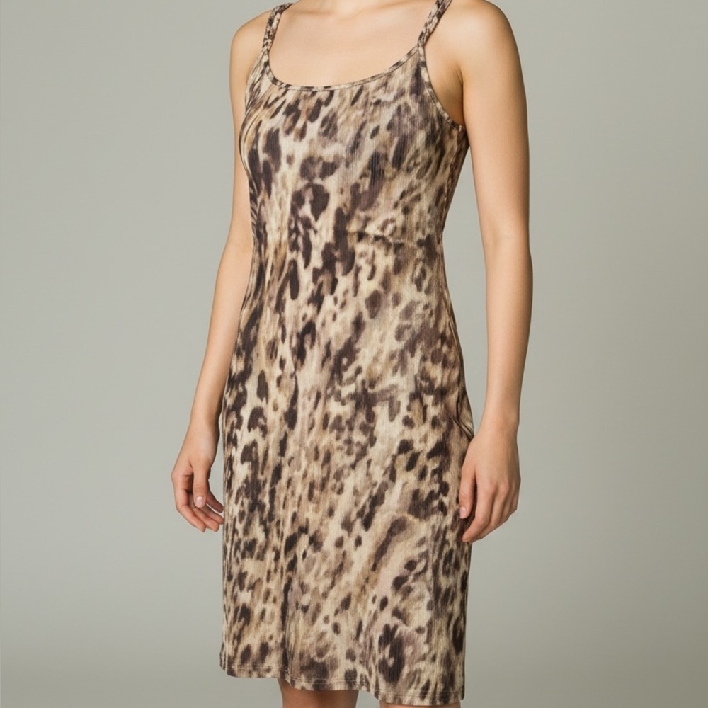 Women Covington Petite Beige Leopard Print Spaghetti Strap Knee Length Dress 8p